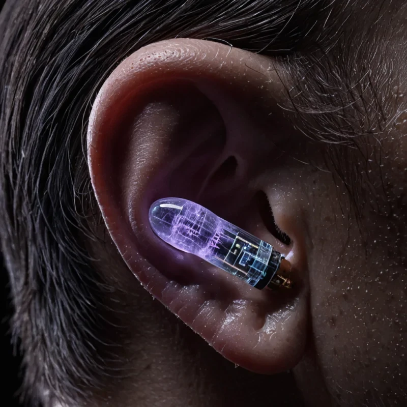 A vertical, tight crop of a single, elongated human ear rendered in translucent, pale lavender silicone, positioned against a stark, matte black background. The outer cartilage is replaced by a dense, intricate circuit board made of thin, matte copper traces and tiny, square sapphire capacitors, glowing with a faint, cool cyan light. Inside the ear canal, instead of a drum, there is a tiny, spinning turbine made of polished silver, generating a visible vortex of fine, golden dust particles that swirl inward and vanish into the darkness of the head. The skin surrounding the ear is textured with microscopic, hexagonal pores, each filled with a drop of clear, viscous gel. The lighting is soft and diffused, emphasizing the smooth,
