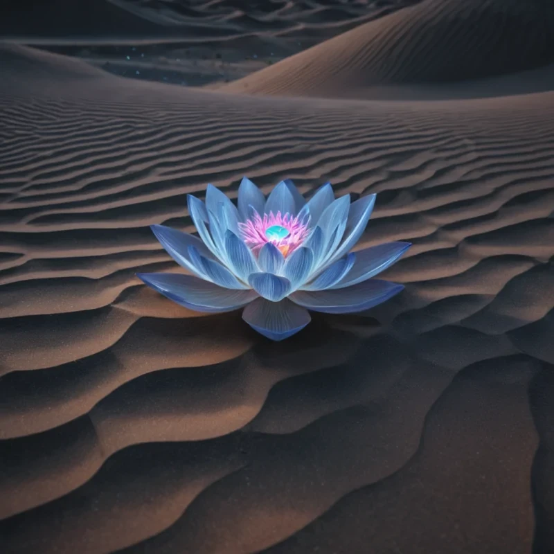 A hyperrealistic, 4K portrait of a sentient, levitating, neonlit holographic lotus, its ethereal form pulsating with intricate, bioluminescent patterns, set against a surreal, monochromatic landscape of undulating, shadowy dunes, with cinematic lighting casting dramatic shadows and emphasizing the lotus dynamic, fluid movements, and a subtle, cool bokeh effect creating a sense of isolation and mystery.