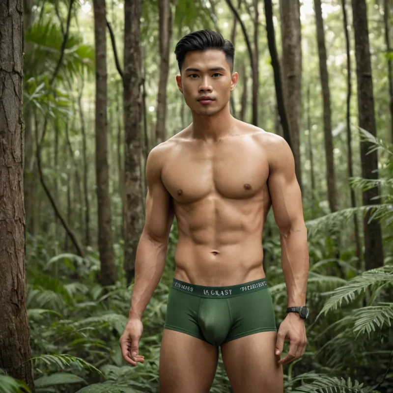 Create a realistic photo of a handsome filipino man, with barbers hair style. A man is only wearing fitted green underwear showing his bulge, well toned physique, light fair skin. His one hand was inside his brief. The man is standing in the middle of the forest with tall trees.