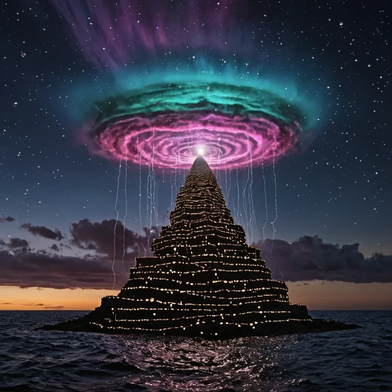 A single, floating ziggurat of woven, selfrepairing thunderclouds rises from the center of a vast, still ocean of liquid static, its stepped tiers not made of stone but of solidified radio waves from a thousand untransmitted messages. The structure does not standit breathes, expanding and contracting in time with the pulse of a distant, unheard symphony, each tier glowing with a faint, selfsustaining aurora that writes equations in the air using light as ink. At the summit, a hollow, geometric crown made of compressed silence sits open, not to reveal a throne, but to emit a slow, rotating nebula of soundless laughter that condenses into visible, bioluminescent constellations shaped