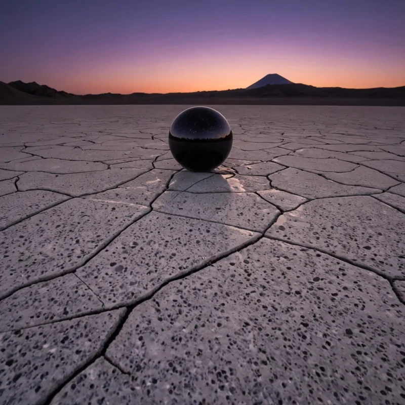 A wideangle, cinematic shot of a vast, silent desert composed entirely of fine, crushed black glass sand, stretching to a horizon where the sky is a deep, twilight violet. In the foreground, a single, massive, upright slab of raw, unpolished white marble stands perfectly vertical, its surface etched with thousands of tiny, precise, hollow channels that run from top to bottom. Inside these channels, thin streams of clear, viscous oil flow downwards, catching the lowangle sunlight and refracting it into sharp, prismatic shards of red and orange that cast complex, geometric patterns across the glass sand. Resting at the base of the marble slab is a single, pristine, matte black sphere made of dense, porous volcanic rock,