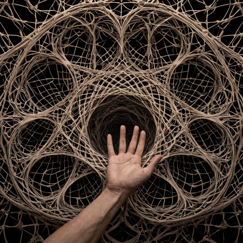 A single, selfilluminating fractal of reversed empathy, shaped like a 14,003dimensional lattice of unformed compassion and inverted connection, pulses at the center of a vast, inverted amphitheater of solidified indifference. Each node is forged from the exact moment between a hand reaching to comfort and its refusal to touch, a tear falling without sorrow and dissolving into nongrief, a voice speaking without intent and collapsing into pure, unmeasured nonemotion. The lattice does not transmit feelingit untransmits it, each branching filament shedding a layer of affective potential that never coalesced into understanding or shared warmth, reforming into ephemeral, rosegold veined mist that drifts like