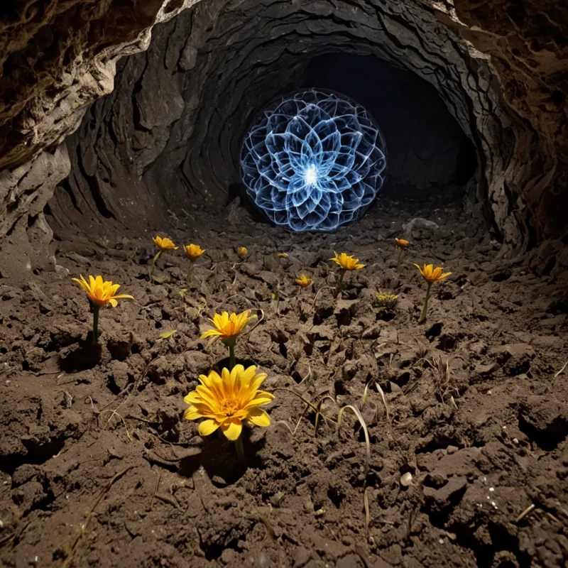 A vast, subterranean garden blooms beneath the surface of a planet made entirely of compressed, fossilized laughter, each petal formed from the solidified echo of a single, unspoken joy. The soil is a shimmering, gelatinous black that pulses with faint, golden ripples whenever a new flower unfurlsits roots extending into the planets core, where a network of crystalline veins transmits the emotional resonance of every smile ever shared across the cosmos. The flowers themselves are not organic, but geometric, their stems shaped like fractured music notes and their blossoms resembling tiny, rotating prisms that refract light into the colors of forgotten lullabies. Above, the cavern ceiling is lined with stalactites of solidified