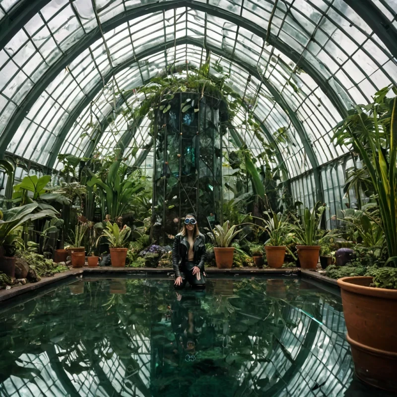 A hyperrealistic, wideangle shot of a colossal, subterranean greenhouse carved inside a giant, geodelike crystal cavern, where the walls are lined with faceted amethyst that refracts sunlight into sharp, geometric beams. The floor is covered in thick, velvety moss of deep emerald green, interspersed with pools of still, crystalclear water that reflect the towering, translucent glasshouses stacked vertically. Inside these glasshouses, exotic plants with metallic leaves and bioluminescent flowers thrive in a humid, oxygenrich atmosphere. In the center, a figure wearing a vintage, aviatorstyle leather jacket and round, wirerimmed goggles kneels beside a large, terracotta pot, carefully pruning a vine with