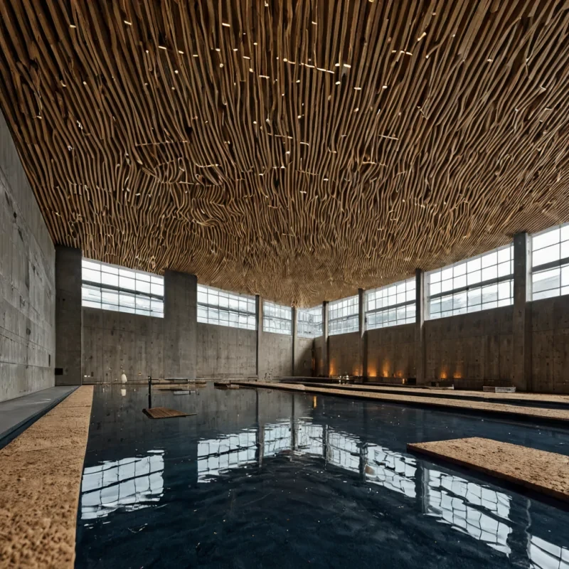 A horizontal, eyelevel wide shot of a vast, indoor atrium within a brutalist concrete structure, where the floor is a deep, still pool of highly reflective, dark indigo liquid. Suspended above the water is a massive, intricate mobile of thousands of small, floating wooden boats made from pale birch, each carrying a single, glowing orb of warm, amber light that drifts gently on air currents. The walls are lined with vertical strips of raw, textured cork, interspersed with strips of frosted glass that diffuse the soft, natural light filtering in from a high clerestory window. In the foreground, a figure wearing a loose, linen tunic in shades of oatmeal and sage green stands on a narrow, floating