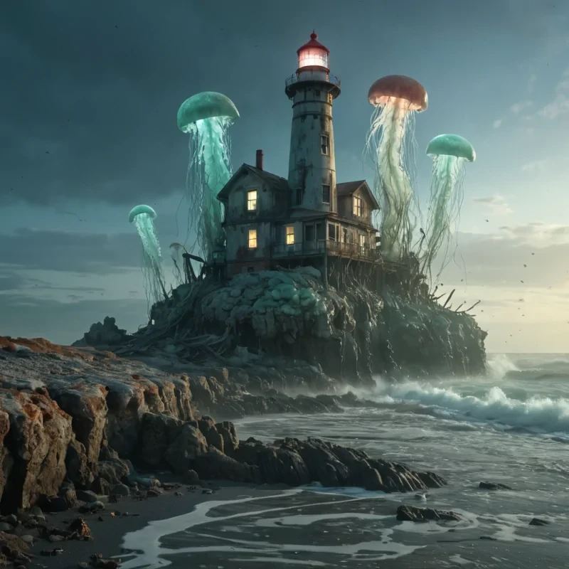 A colossal, abandoned lighthouse standing sentinel over a desolate, fogshrouded shoreline, its weathered walls encrusted with barnacles and sea glass, while bioluminescent jellyfish drift through the air like spectral lanterns, hyperrealistic, ultra HD, cinematic lighting, volumetric lighting, atmospheric effects, lens flare, vibrant colors, detailed textures.