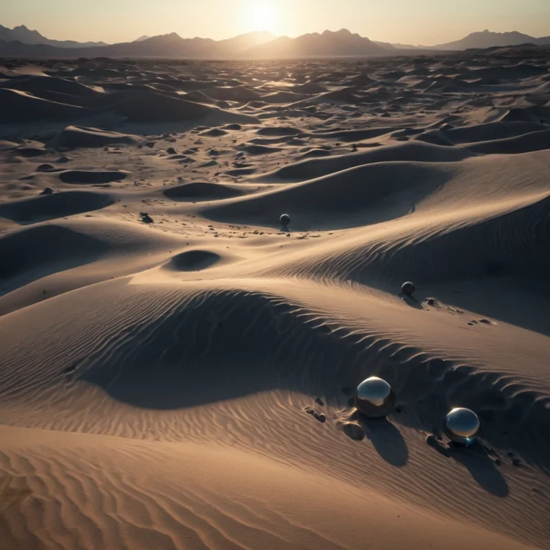 A serene, alien landscape where floating, luminescent orbs illuminate the terrain, casting long shadows on the undulating, obsidian dunes, while ethereal, translucent creatures glide silently through the air, their forms shimmering like liquid silver, hyperrealistic, ultra HD, cinematic lighting, volumetric lighting, atmospheric effects, soft focus, pastel tones, detailed textures.