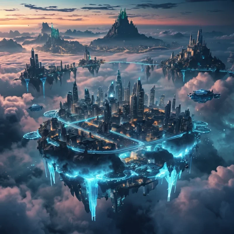 A levitating, crystalline city floating above a sea of clouds, connected by glowing bridges, with inhabitants riding translucent, bioluminescent creatures, hyperrealistic, ultra HD, cinematic lighting, volumetric lighting, atmospheric effects, bokeh effect, vibrant colors, detailed textures.