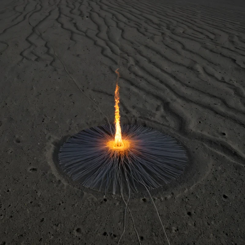 A single, selfigniting thread of reversed light, shaped like a 9,002dimensional filament of unformed radiance and inverted luminescence, floats in the center of a vast, inverted desert of solidified shadow. Each strand is spun from the exact moment between a match being struck and its refusal to ignite, a star collapsing into darkness and dissolving into nonglow, a candle flame flickering in a sealed room and collapsing into pure, unmeasured nonillumination. The filament does not emit light  it unemits it, each burning segment shedding a layer of photonic potential that never coalesced into visible spectrum or heat, reforming into ephemeral, topazveined ash that