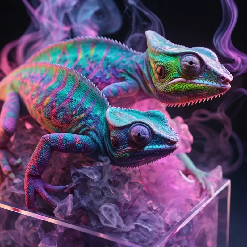 Hyperrealistic neon chameleons with reflective metallic scales blending into a cubic quartz chamber filled with swirling ethereal smoke, holographic filaments floating in dynamic lighting, soft focus, vibrant colors, 4K