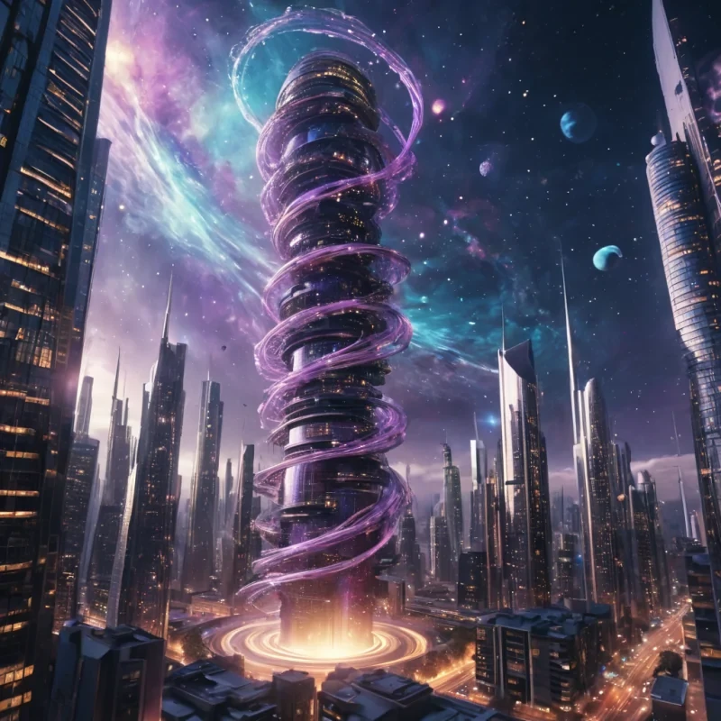 A swirling vortex of stardust coalesces into a levitating, organic skyscraper in a cybernetic cityscape, its glowing tendrils pulsating with cosmic energy, hyperrealistic, 4K, cinematic lighting, volumetric lighting, atmospheric effects, dynamic lighting, bokeh effect, soft focus, lens flare, cosmic purples, galactic blues, and iridescent golds, detailed textures.