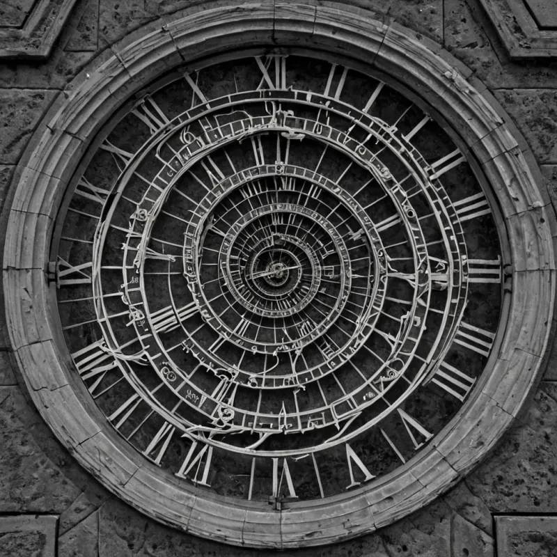 A single, selfrewriting cluster of solidified time, shaped like a fractal, nonlinear tangle of reversed chronology, pulses at the center of a vast, suspended clocktower built from the compressed, unmeasured moments of a civilization that communicated through the duration of synchronized, silent waiting. The cluster does not tickit uncounts, each spiral dissolving a layer of seconds that never coalesced into minutes, reforming into ephemeral, obsidianveined afterimages shaped like the negative space between two hands that never met on the same hour. The clocktower is not temporalit is a layered expanse of petrified anticipation, each gear etched with the kinetic residue of a second that was almost lived,