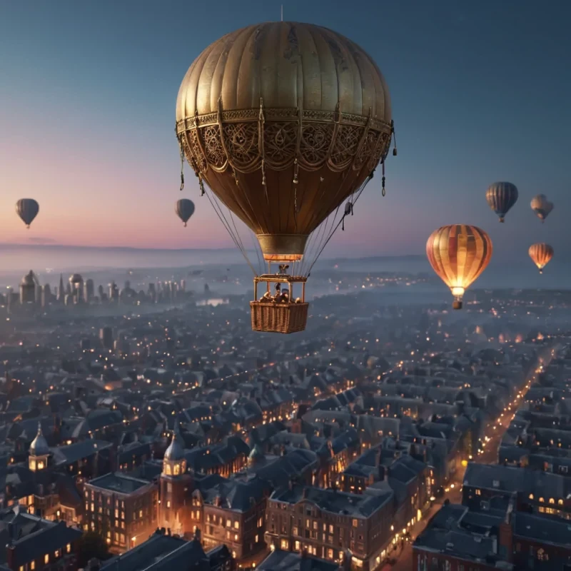 A levitating, Victorianera hot air balloon drifts through a cloudless, twilight sky above a sprawling, futuristic metropolis, its wicker basket adorned with antique, brass instruments and flickering, gas lanterns, hyperrealistic, 4K, cinematic lighting, volumetric lighting, atmospheric effects, dynamic lighting, bokeh effect, soft focus, lens flare, deep indigos, warm ambers, and soft golds, detailed textures.