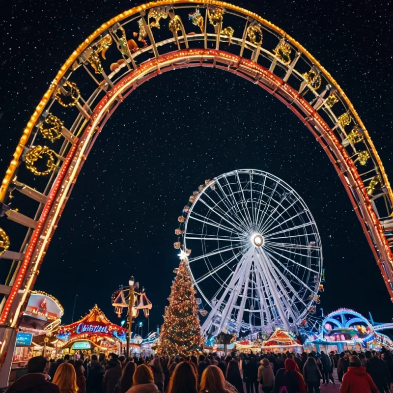 An Amusement Park at cChristmas time at night big beautiful Christmas tree surrounded by roller coaster and other rides, lots of stars