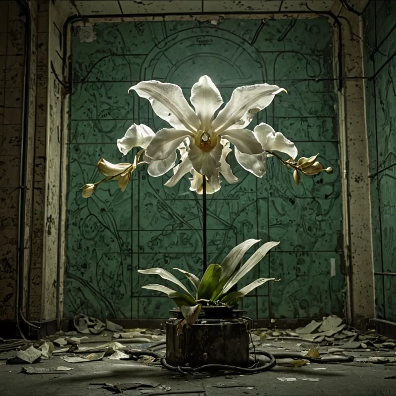 A colossal, sentient clockwork orchid blooms in the heart of a forgotten subway station beneath a city that never existed, its petals forged from brass and tempered steel, each one etched with the faded blueprint of a lost civilizations dream. The flowers stamen pulses with a slow, rhythmic lightneither fire nor electricity, but the accumulated glow of a thousand whispered apologies, stored in a crystalline core that hums with the frequency of regret. Around it, the walls are covered in peeling wallpaper made of dried ink and expired memories, curling like dead leaves under the dim, greenish light of a single, flickering sodiumvapor bulb. The air is thick with the scent of ozone and old paper, and the
