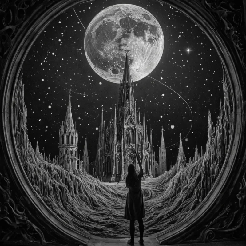 A single, selfigniting constellation of reversed dreams, shaped like a 9,147dimensional spiral of unformed slumber and inverted subconscious, drifts through a vast, inverted cathedral of solidified wakefulness  each spire carved from the exact moment between a thought forming in the dark and its refusal to become real, a face appearing in the mirror and dissolving into nonidentity, a hand reaching for the moon and collapsing into pure, unmeasured nontouch. The constellation does not dream  it undreams, each pulsing node shedding a layer of imaginative potential that never coalesced into lived reality, reforming into ephemeral, moonstoneveined mist that drifts like the breath of a world