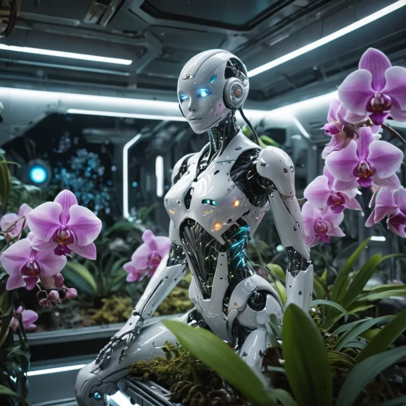 A sentient, crystalline robot tending to a garden of luminescent, floating orchids on a zero gravity space station, the plants casting ethereal glows on the robots metallic surface, hyperrealistic, 4K, cinematic lighting, volumetric lighting, atmospheric effects, dynamic lighting, bokeh effect, soft focus, lens flare, vibrant colors, detailed textures.