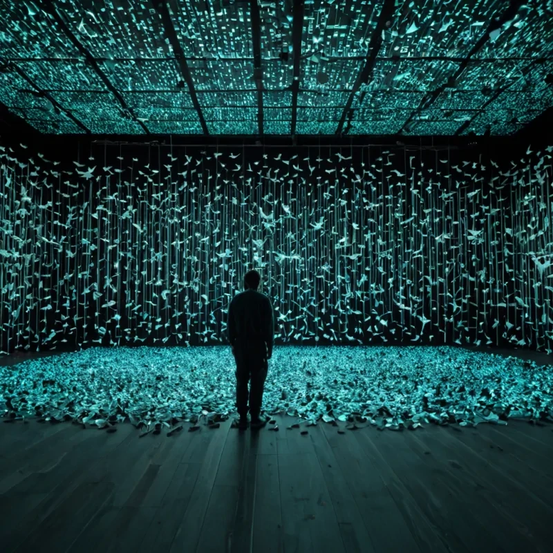 A horizontal, eyelevel wide shot of a vast, silent archive hall constructed from seamless, matteblack acoustic foam panels that absorb all ambient sound, creating a voidlike stillness. The floor is a grid of raised, glowing fiberoptic cables in cool white and soft cyan, mapping out complex neural pathways that pulse with rhythmic data streams. Suspended in the center is a massive, floating cloud of thousands of delicate, translucent origami birds made from recycled circuit boards, their metallic wings catching the faint, directional light from above. In the foreground, a solitary figure wearing a bulky, vintagestyle sound engineers jumpsuit adjusts a large, analog mixing console with brass knobs, while tiny, holographic sound waves ripple outward in visible concentric rings