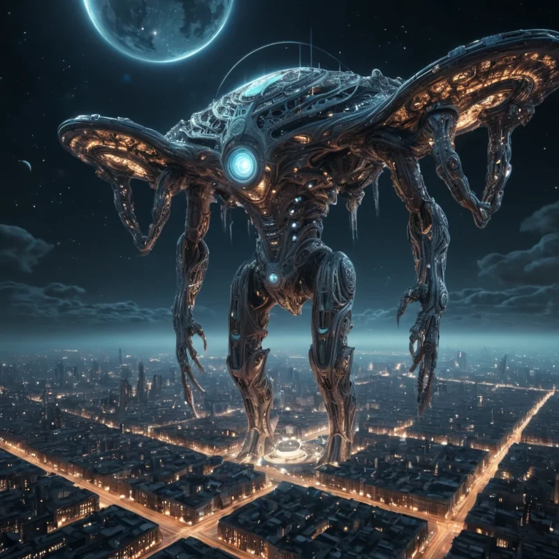Photorealistic, Ultra HD, colossal, ancient, cinematic, levitating, crystalline colossus, its detailed, fractal surface adorned with intricate, 4K, neonlit filigree, hovers silently over a desolate, alien, neonlit metropolis. The colossus massive, volumetric, antigravity engines cast intricate, atmospheric shadows across the urban landscape, while its powerful, cinematic searchlights, crafted from swirling, neonlit vortexes, illuminate the distant, swirling galaxies, creating a soft, ethereal bokeh effect that dances with the scenes lens flare, as the rhythmic, atmospheric calls of unseen creatures echo through the thin, atmospheric air.