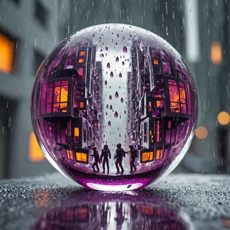 A photorealistic, extreme closeup shot of a massive, spherical raindrop suspended in midair, acting as a convex lens that reveals an inverted, miniature world within. Inside the drop is a bustling, vertical cityscape built entirely from stacked, translucent layers of colorful gelatinous cubes in shades of electric lime, tangerine orange, and deep magenta. Tiny, silhouetted figures in sleek, white exosuits navigate narrow bridges made of solidified light, moving between the cube structures. The background outside the raindrop is a soft, outoffocus blur of a sterile, white laboratory environment with soft, diffused overhead lighting. The surface of the raindrop features sharp, highcontrast reflections of nearby equipment, with