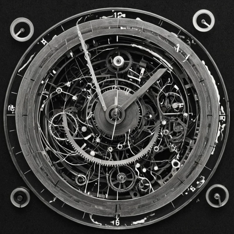 A single, selfoscillating node of reversed time, shaped like a 42,103dimensional tangle of unformed chronology and inverted causality, pulses at the center of a vast, inverted clockwork of solidified stasis  each gear carved from the exact moment between a hand turning a dial and its refusal to advance, a second hand trembling and dissolving into nonsequential stillness, a heartbeat syncing with a metronome and collapsing into pure, unmeasured nonprogress. The node does not measure time  it unmeasures it, each vibrating filament shedding a layer of temporal potential that never coalesced into linear motion, reforming into ephemeral, hematitelaced afterimages shaped like the