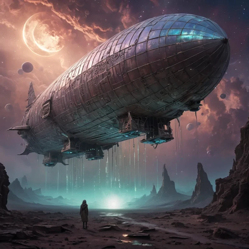 An ephemeral, colossal, ancient airship, its spectral, hydrogenfilled form navigating a desolate, twilightkissed alien sky, serves as a silent, celestial wanderer. The airships colossal, dormant searchlight, a labyrinth of interlocking, iridescent prisms, casts dynamic, otherworldly beams across the alien landscape, revealing intricate, ancient hieroglyphs etched into the weathered, stardustkissed metal surface. Within, a spectral figure, clad in a tattered, vintage aviators coat, drifts through the desolate, luminescent interior, their form composed of swirling, stardustkissed motes of light. Ultra