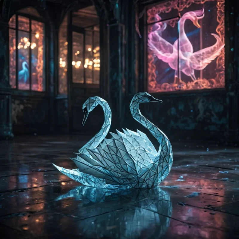 Photorealistic, Ultra HD portrait of a lone, sentient, neonlit holographic origami swan, its ethereal form pulsating with intricate, bioluminescent fractal patterns, gracefully dancing with a spectral, ethereal partner in a vast, abandoned, neonlit arcade, with volumetric lighting casting dramatic shadows and emphasizing the swans dynamic, fluid movements, and a subtle, cool bokeh effect creating a sense of isolation and melancholy.