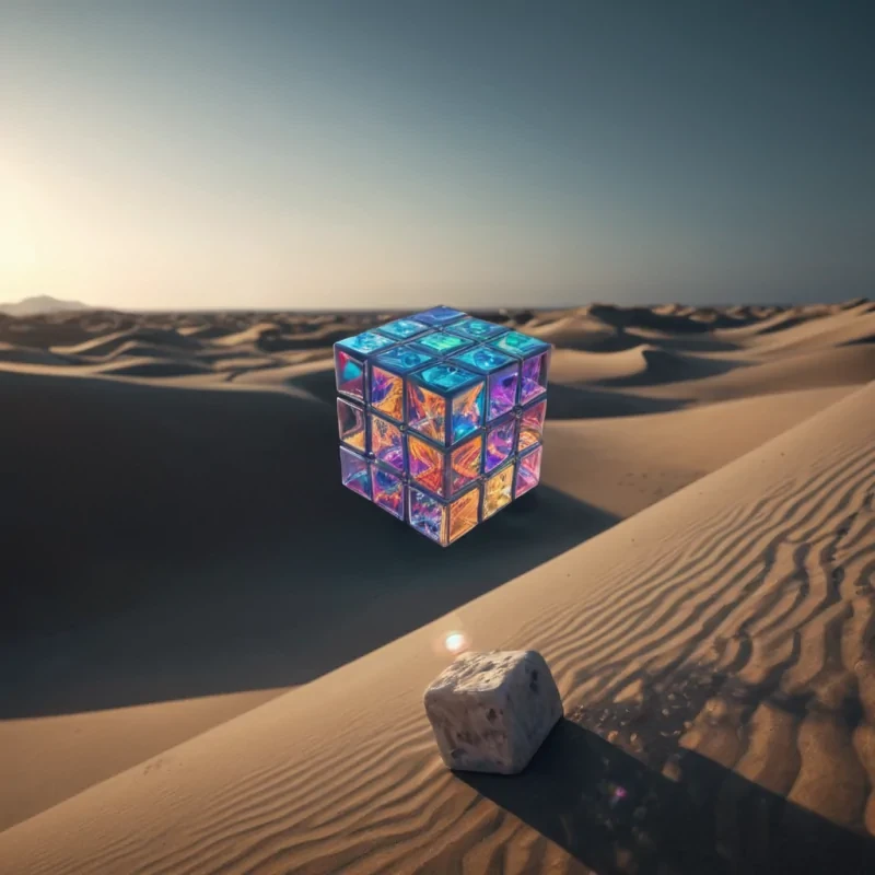 A hyperrealistic, 4K portrait of a sentient, levitating, neonlit holographic Rubiks cube, its ethereal form pulsating with intricate, bioluminescent fractal patterns, set against a surreal, monochromatic landscape of undulating, shadowy dunes, with volumetric lighting casting dramatic shadows and emphasizing the cubes dynamic, fluid movements, and a subtle, cool bokeh effect creating a sense of isolation and mystery.