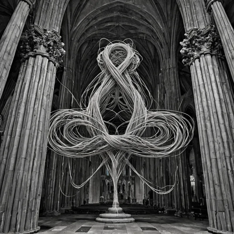 A single, selfconvolving knot of reversed silence, shaped like a 13,709dimensional tangle of unformed stillness and inverted quiet, thrums at the center of a vast, inverted cathedral of solidified sound  each pillar forged from the exact moment between a note forming in the air and its refusal to resonate, a whisper trembling on the lips and dissolving into nonacoustic emptiness, a heartbeat syncing with the cosmos and collapsing into pure, unmeasured nonvibration. The knot does not absorb noise  it unabsorbs it, each coiling filament shedding a layer of auditory potential that never coalesced into harmonic wave, reforming into ephemeral, onyxthreaded static that drift