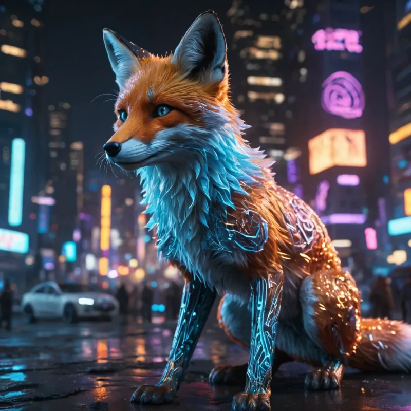 A hyperrealistic, 4K portrait of a sentient, levitating, neonlit holographic fox, its ethereal form shimmering with intricate, bioluminescent patterns, set against a sprawling, cyberpunk metropolis at dusk, with cinematic lighting casting dramatic shadows and emphasizing the foxs dynamic, fluid movements, and a subtle, cool bokeh effect creating a sense of isolation and mystery.