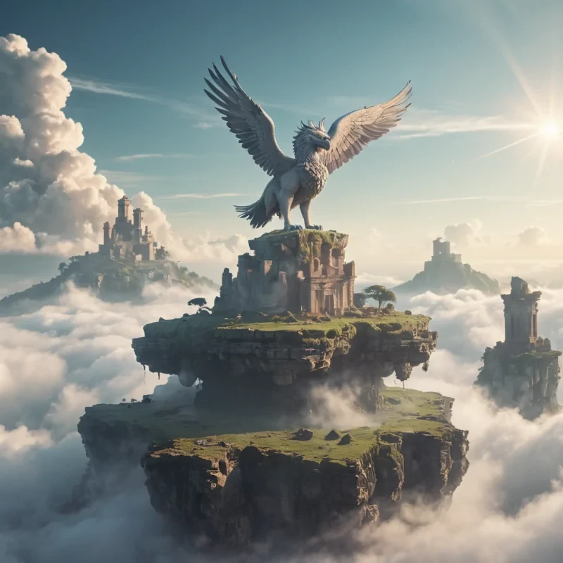 A surreal, levitating island floating above a sea of clouds, with ancient stone ruins and a lone, majestic griffin perched atop, hyperrealistic, 4K, cinematic lighting, volumetric lighting, atmospheric effects, dynamic lighting, bokeh effect, soft focus, lens flare, pastel tones, detailed textures.