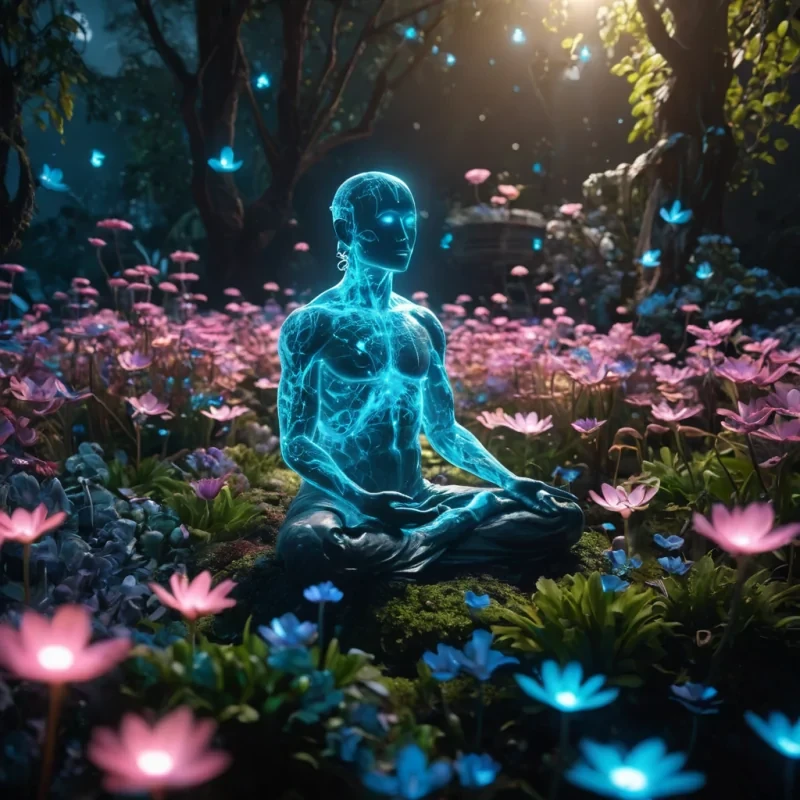 A levitating garden filled with bioluminescent flora, where a lone, humanoid figure meditates amidst the glowing blooms, hyperrealistic, 8K, cinematic lighting, volumetric lighting, atmospheric effects, dynamic lighting, bokeh effect, soft focus, lens flare, vibrant colors, detailed textures.