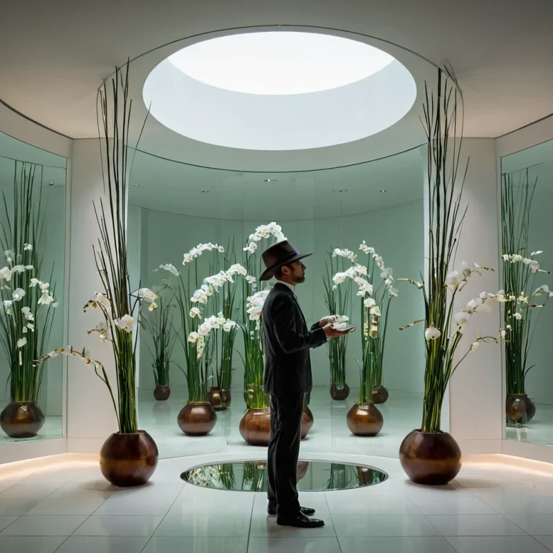 A horizontal, eyelevel medium shot of a tranquil, suspended garden within a colossal, vertical shaft of frosted glass, where the floor is a seamless expanse of smooth, white porcelain tiles that reflect the soft, diffused light from above. The walls are lined with thousands of delicate, ceramic vases in varying sizes, each holding a single, vibrant bloom of bioluminescent orchids that pulse with a gentle, rhythmic glow. In the center, a figure wearing a tailored suit of iridescent silk and a widebrimmed hat made of woven reeds stands before a large, floating mirror frame constructed from polished mahogany and brass, adjusting a tiny, mechanical hummingbird with gears for eyes that hovers near their shoulder.