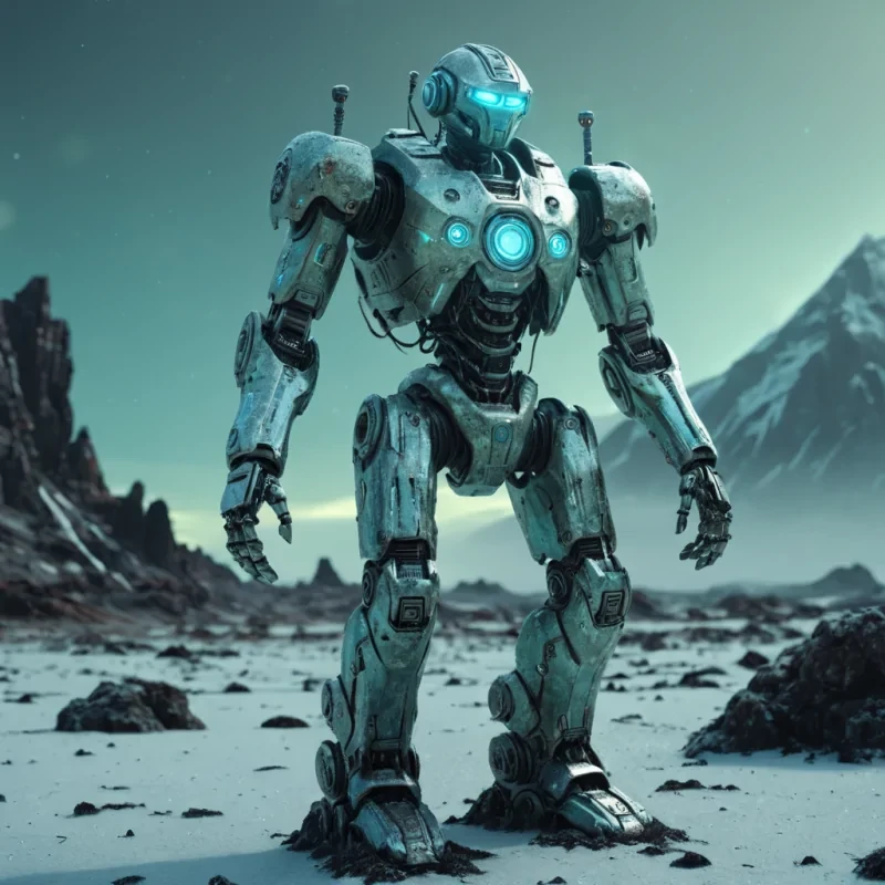 A lone, ancient robot standing on a desolate, icy planet, its metallic body adorned with glowing, bioluminescent moss, hyperrealistic, 4K, cinematic lighting, volumetric lighting, atmospheric effects, dynamic lighting, soft focus, pastel tones, detailed textures.
