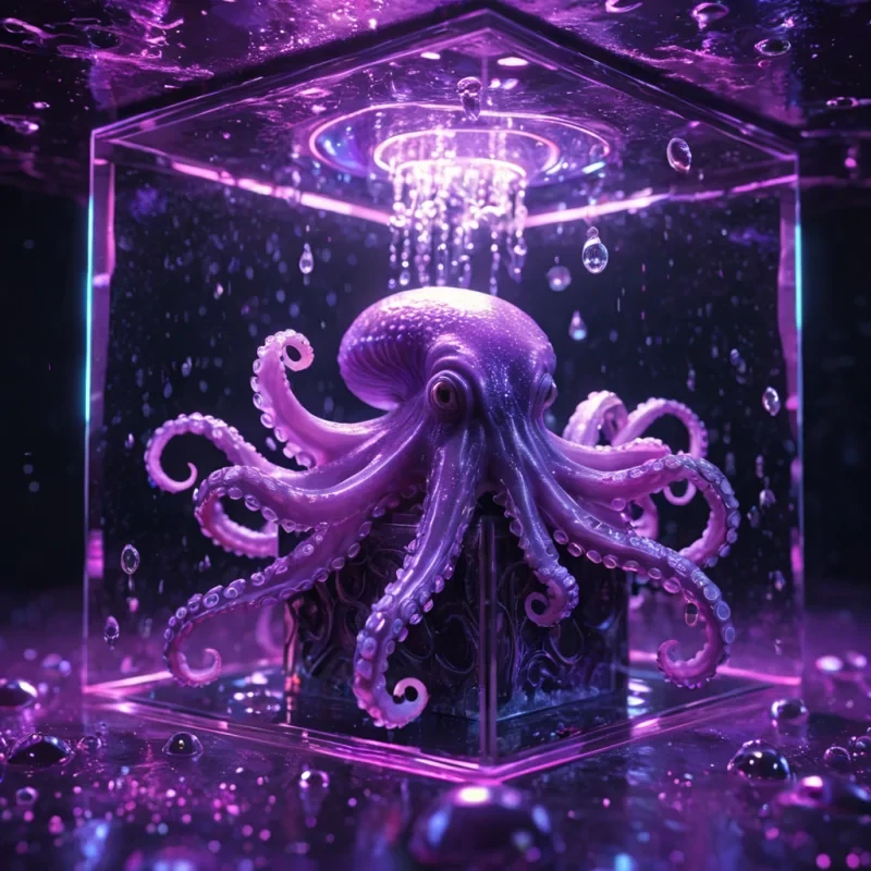 Hyperrealistic neon octopuses with reflective metallic tentacles playing in a cubic amethyst chamber filled with glowing quantum droplets, holographic spirals twisting in volumetric lighting, soft focus, vibrant colors, 4K
