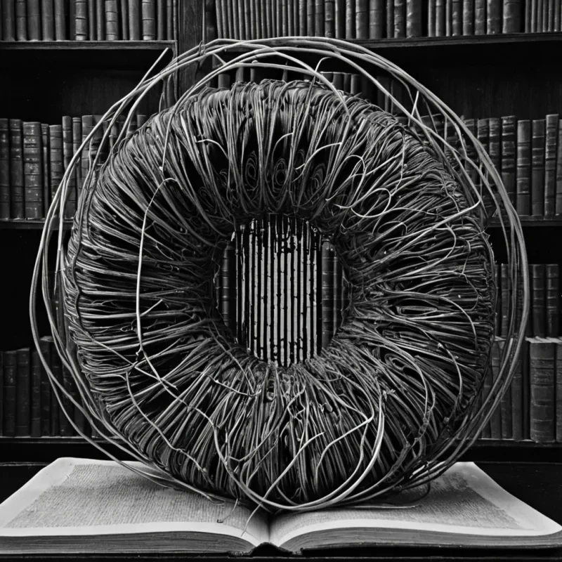 A single, selfrewinding tangle of solidified silence coils through the hollowed core of a dormant quantum archive built from the inverted remains of a library that never held books, its filaments not fibrous but woven from the thermal residue of a sentence whispered into the void between the first and last breath of a century. The tangle does not unravelit reknots with each pulse, drawing back a decade of sound into its core, condensing into a dense, obsidian helix that hums with the electromagnetic signature of a lullaby composed in the language of unbroken glass. The archives outer shell is not stoneit is a layered lattice of petrified silence, each cell etched with the chromatic after