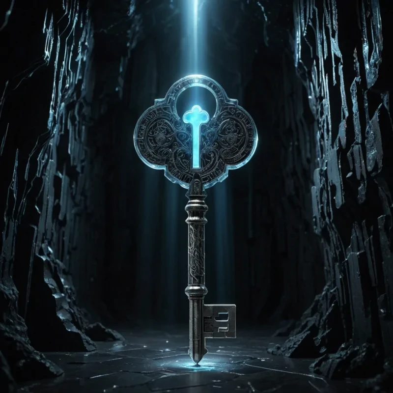 A hyperrealistic, 4K portrait of a solitary, glowing key suspended midair within a dark, cavernous space. The key is crafted from shimmering platinum, adorned with delicate, interwoven circuits that pulse faintly with a soft blue light. Surrounding it, fragmented glyphs of ancient languages float like ghostly apparitions, their translucent forms shifting and rearranging. The cavern walls are jagged obsidian, reflecting the key's glow, while faint, volumetric beams of light seep through cracks above, creating a hauntingly sacred ambiance