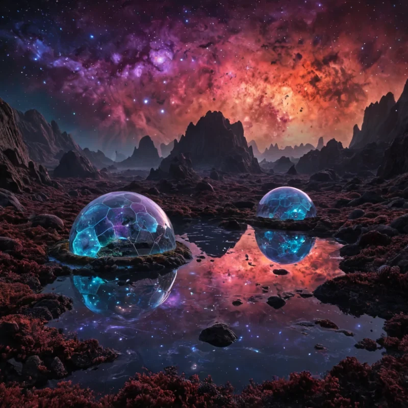A vast, floating archipelago of translucent geodesic domes drifts through a nebula of liquid twilight, each dome pulsing with internal bioluminescent currents that mimic the slow, rhythmic breath of a slumbering giant. The domes are suspended by taut, shimmering filaments of solidified sound, humming with harmonic resonance that bends the surrounding space into gentle ripples. Inside each dome, a different ecosystem thrives crystalline gardens of glowing lichen, rivers of liquid light flowing over smooth obsidian beds, and floating orbs of condensed memory that emit soft, melancholic melodies when disturbed. The sky beyond is a tapestry of shifting auroras in deep violet, burnt umber, and electric coral,