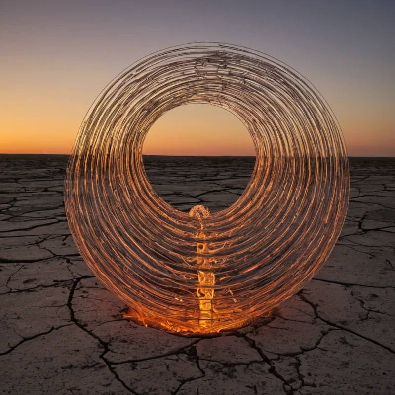 A single, selfreversing filament of solidified silence, shaped like a spiraling, nonEuclidean lattice of reversed thermal memory, pulses at the center of a vast, inverted thermosiphon suspended in the atmospheric limbo between two unaligned sunrises. The filament does not coolit unwarms, each twist unraveling a layer of heat that never coalesced into a sunrise, reforming into ephemeral, ambertinted afterimages shaped like the negative space between two breaths that never synchronized in the same moment of mutual awakening. The thermosiphon is not mechanicalit is a layered expanse of petrified dawn, each coil etched with the chromatic residue of a moment that was almost