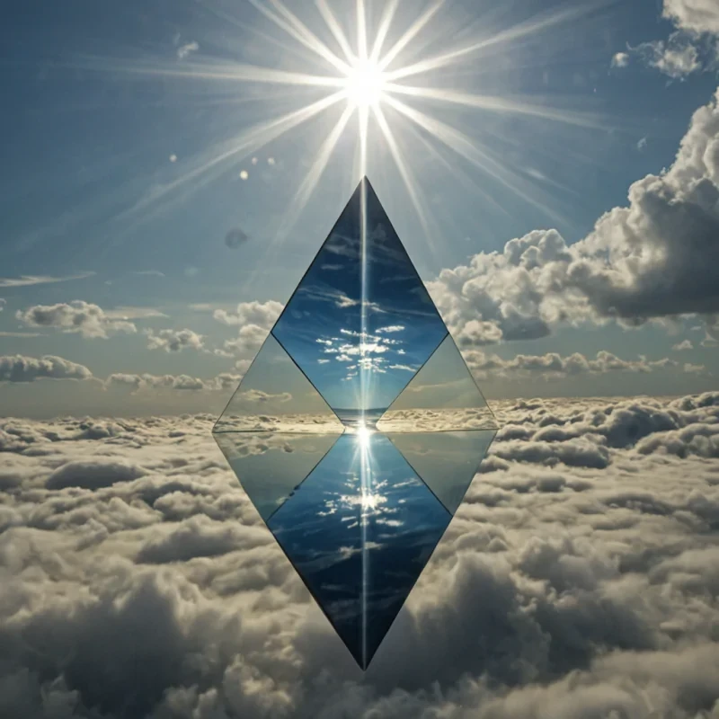 A single, selffragmenting prism of compressed daylight, shaped like a shattered hourglass of inverted refraction, hovers at the center of a vast, inverted sky made of layered, unrefracted sunbeams from a civilization that communicated through the duration of synchronized, silent turning away from the light. The prism does not disperseit unshatters, each fracture dissolving a layer of illumination that never coalesced into a shared glance, reforming into ephemeral, citrineveined afterimages shaped like the negative space between two shoulders that never faced the same horizon in the same moment of mutual retreat. The sky is not atmosphericit is a stratified expanse of petrified radiance, each cloud a frozen