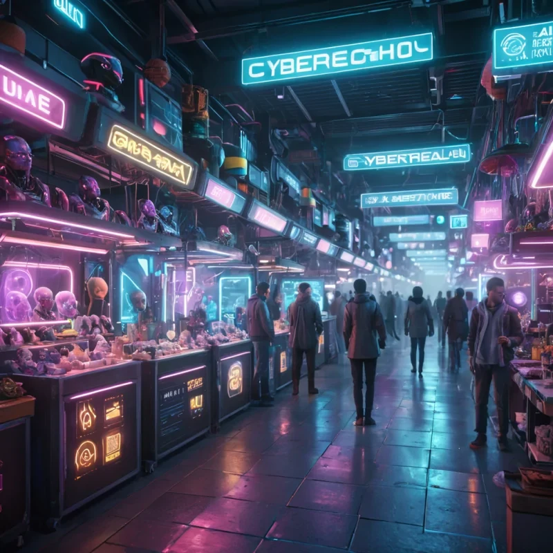 A neonlit cybernetic marketplace where vendors are sentient, levitating AI heads, their stalls displaying holographic wares, hyperrealistic, 8K, cinematic lighting, volumetric lighting, atmospheric effects, dynamic lighting, bokeh effect, soft focus, lens flare, neon colors, detailed textures.