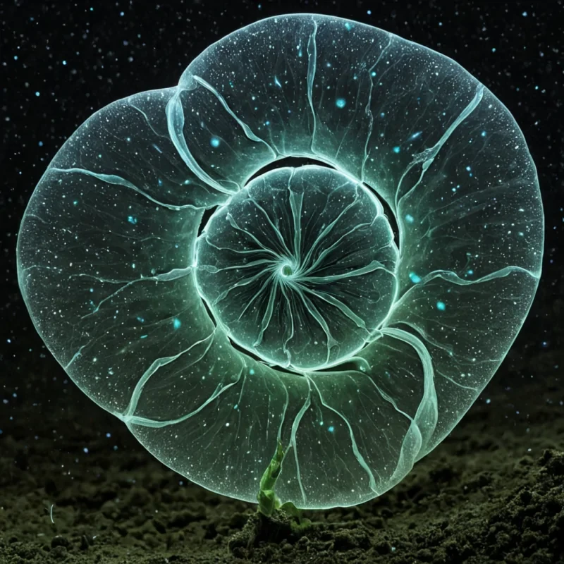 A single, selforganizing constellation of bioluminescent dust, shaped like a 9dimensional Mbius knot of reversed growth and unformed decay, drifts through the center of a vast, inverted greenhouse of petrified raineach petal forged from the solidified droplet of a civilization that measured life not by reproduction, but by the duration of synchronized, breathless suspension held just before the first seed was ever permitted to sprout in a world where flora was not forbidden, but never needed. The dust does not glowit ungerminates, each swirling particle shedding a layer of vegetal potential that never coalesced into a shared bloom, reforming into ephemeral, jadethreaded afterimages shaped