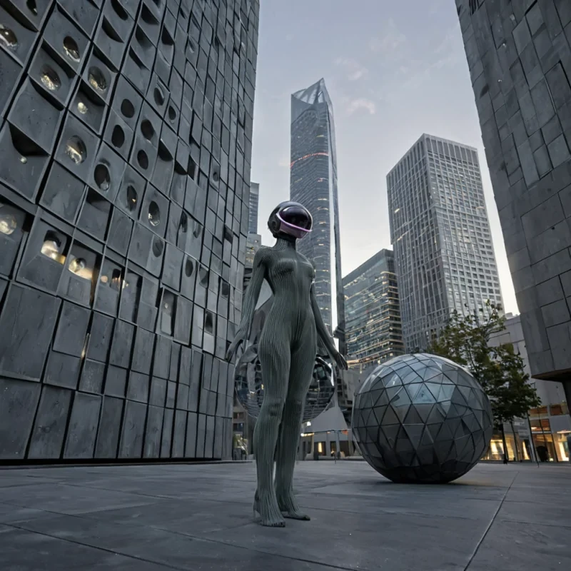A photorealistic, lowangle shot of a futuristic urban plaza constructed from interlocking slabs of matte charcoal concrete and translucent, frosted acrylic panels, illuminated by the soft, diffuse glow of embedded LED strips in muted coral and sage green. In the center stands a solitary figure wearing a modular, asymmetrical outfit made of layered, pleated technical fabrics in shades of slate gray and pale lavender, with integrated holographic displays floating around their head. The figure is interacting with a large, spherical interface composed of swirling, liquidmetal spheres that shift and merge in response to their gestures. The background features towering, brutalist skyscrapers with facades of perforated metal screens, casting intricate, geometric shadows across the plaza. The scene is rendered with