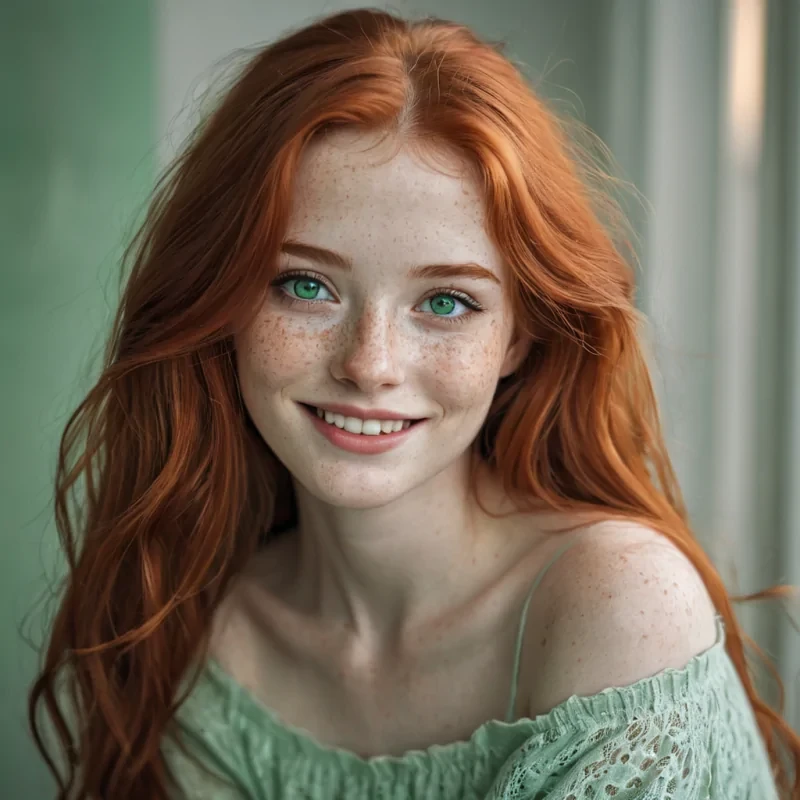 Girl with attractive emerald eyes, a beautiful and hypnotic smile, pale and soft skin with freckles,  long red hair, with an atmosphere of magic and Love.
