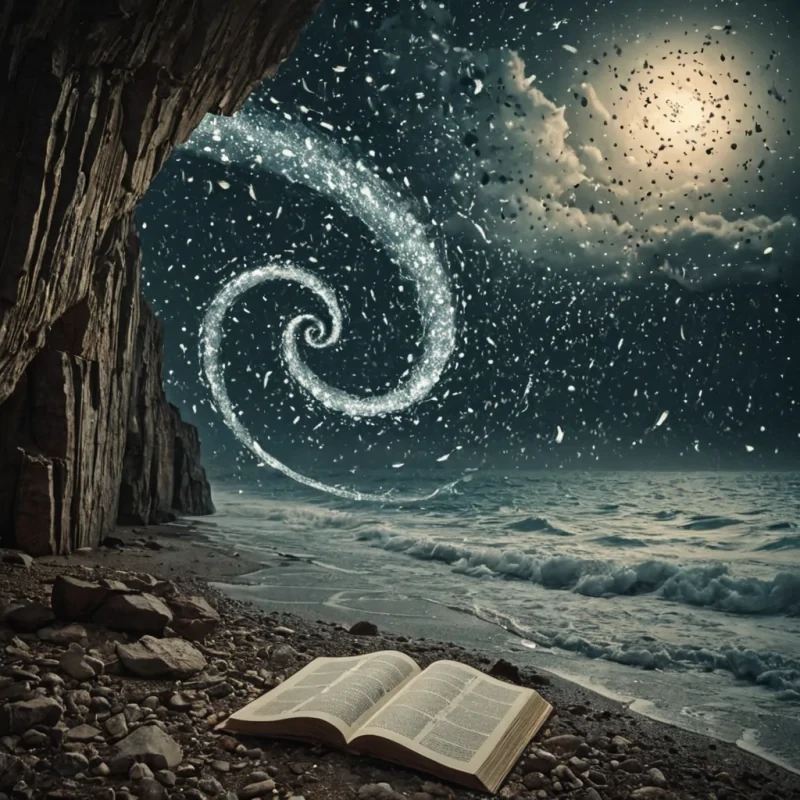 A single, selfluminous library of floating, crystalline scrolls drifts in the center of a vast, still ocean of liquid memory, each scroll not made of paper but of solidified dreams from a civilization that communicated through the scent of forgotten rain. The ocean does not reflectit absorbs, distorting the sky into a mosaic of inverted constellations that pulse in time with the slow, subsonic resonance of a lullaby sung in a language that never existed. The scrolls do not contain wordsthey hold the exact moment a thought was about to form, compressed into perfect, geometric spirals that glow with the faint, trembling light of a childs first breath. The surrounding cliffs are not rockthey are fossilized moments of silence