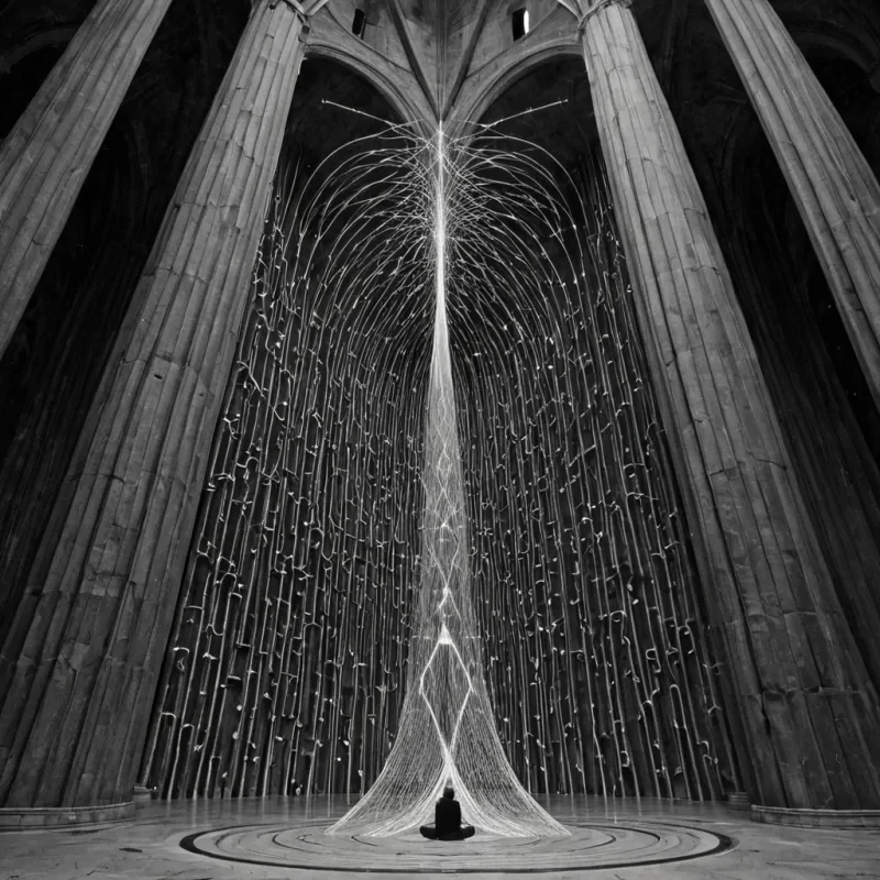 A single, selfrewriting constellation of inverted silence, shaped like a 503dimensional lattice of unformed quiet and reversed acoustics, pulses at the center of a vast, inverted cathedral of solidified soundeach column forged from the petrified moment between a whisper forming and its refusal to travel, a song beginning and its sudden collapse into pure stillness, a heartbeat echoing and its unraveling into ambient void. The constellation does not silenceit unsilences, each trembling node shedding a layer of auditory potential that never coalesced into a shared resonance, reforming into ephemeral, obsidianthreaded afterimages shaped like the negative space between two ears that never leaned in to listen, suspended in the breath