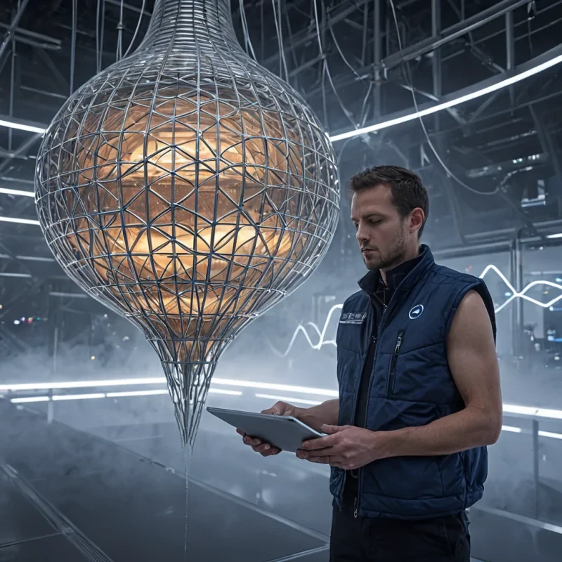 A horizontal, eyelevel medium shot of a highspeed magnetic levitation station floating within a dense, perpetual mist of suspended silver particulates. The architecture consists of smooth, ovoid pods made of brushed aluminum and frosted acrylic, tethered to a central, spiraling tower of woven carbon fiber that glows with faint, rhythmic pulses of amber light. In the foreground, a transit engineer with skin resembling mattefinished bronze and wearing a structured, asymmetrical vest of deep navy technical fabric stands on a grated walkway, holding a tablet that projects a floating, wireframe schematic of a magnetic field in crisp blue lines. The lighting is cool and clinical, with sharp reflections on the metallic surfaces and a soft, diffuse fog that obscures the