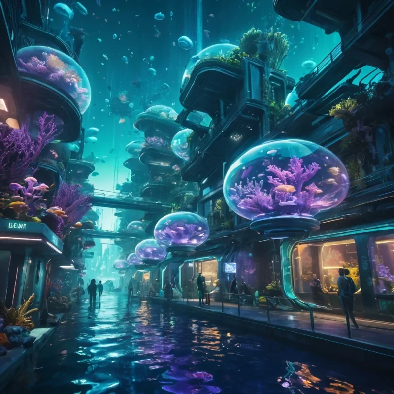 A futuristic underwater city with bioluminescent coral architecture, where inhabitants ride transparent levitating pods through vibrant, illuminated streets, hyperrealistic, 8K, cinematic lighting, volumetric lighting, atmospheric effects, dynamic lighting, bokeh effect, soft focus, lens flare, vivid blues, purples, and glowing greens, detailed textures.