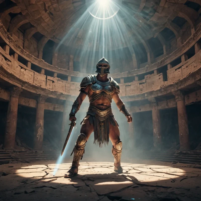 In the heart of a colossal, ancient, abandoned, subterranean arena, a solitary, levitating, hyperrealistic, holographic gladiator, intricately detailed and textured, materializes from the shadows. Volumetric lighting from unseen sources casts dramatic shadows, as the holographic gladiators colossal, cinematic eyes scan the crumbling, labyrinthine architecture. Atmospheric dust devils swirl in the soft, pastel glow, while lens flare from a distant, flickering torch accentuates the holographic gladiators enigmatic, lifelike expression. The holograms metallic, textured surface reflects the arenas intricate, luminescent patterns, as atmospheric