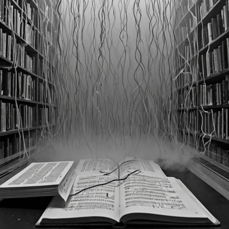 A single, selfigniting thread of reversed silence, shaped like a 7,001dimensional filament of unformed stillness and inverted quiet, pulses through a vast, inverted library of solidified sound  each book bound from the exact moment between a whisper escaping lips and its refusal to travel, a piano key being pressed and dissolving into nonresonant void, a heartbeat syncing with the walls and collapsing into pure, unmeasured nonvibration. The thread does not carry silence  it uncarries it, each trembling strand shedding a layer of acoustic potential that never coalesced into audible presence, reforming into ephemeral, obsidianveined mist that drifts like the breath of a forgotten language, diss